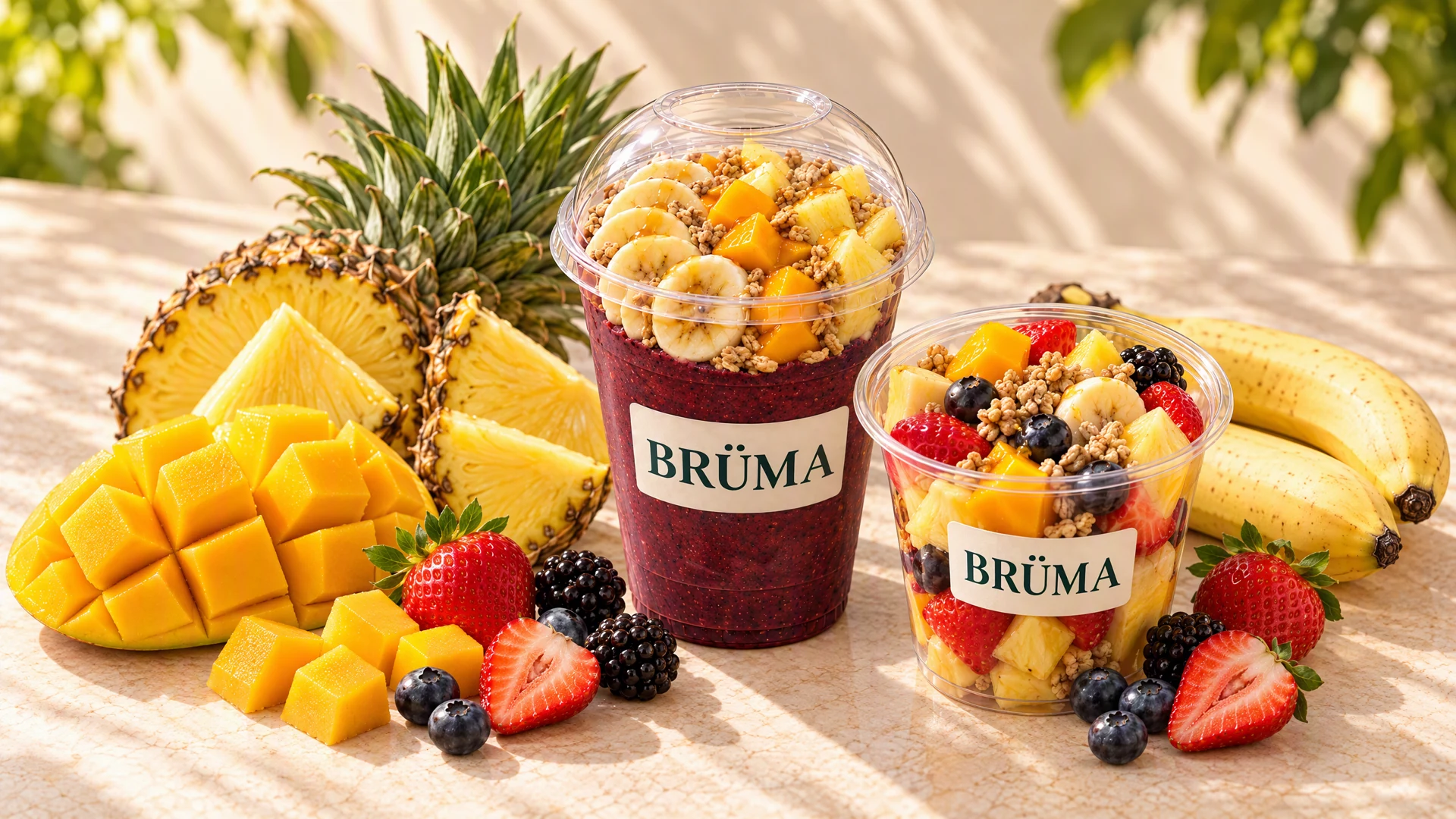 BRÜMA Tropical açaí and fresh fruit cups with granola, surrounded by mango, pineapple, banana and berries