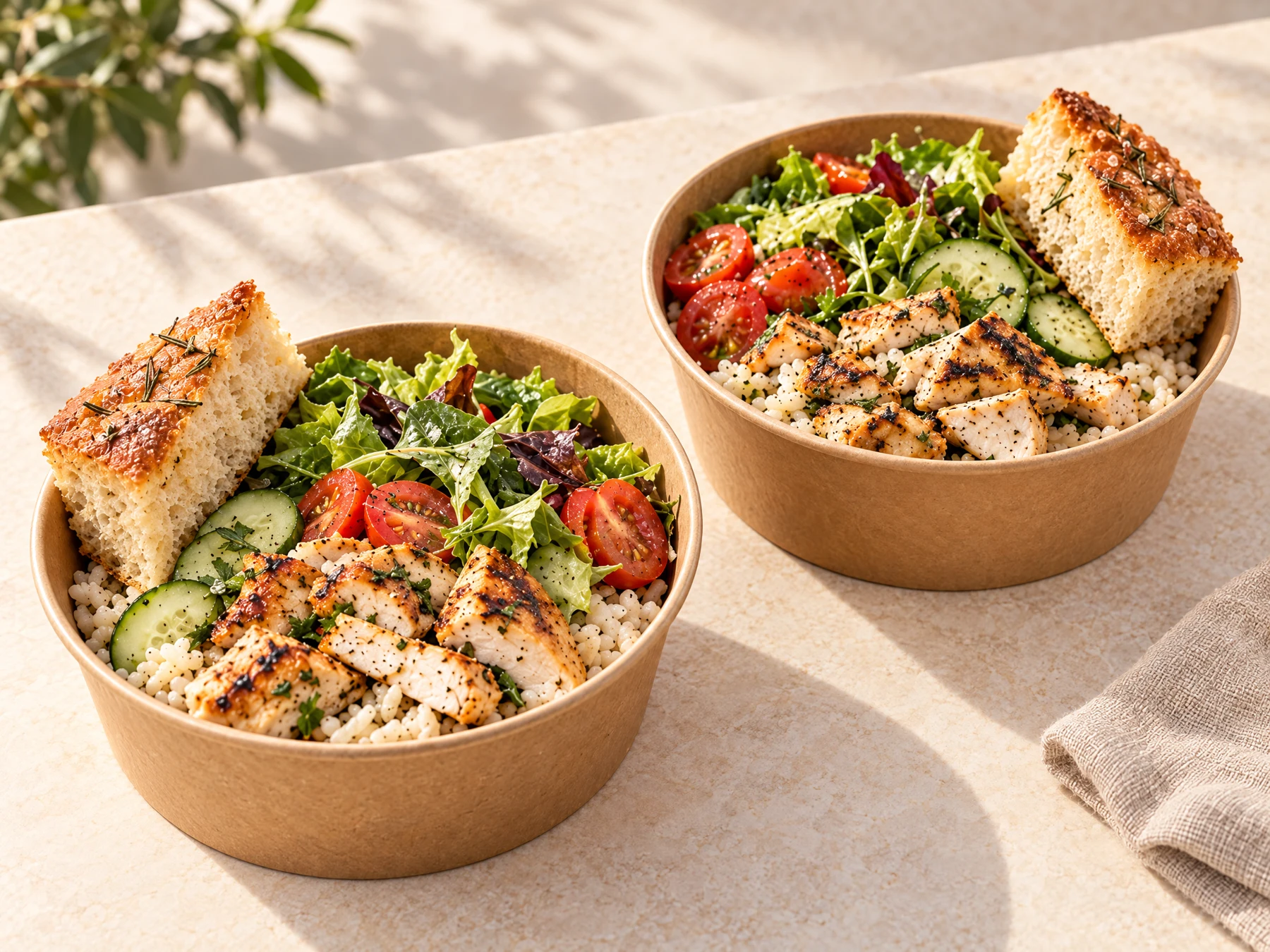 Two meal bowls with rice, greens and focaccia sides