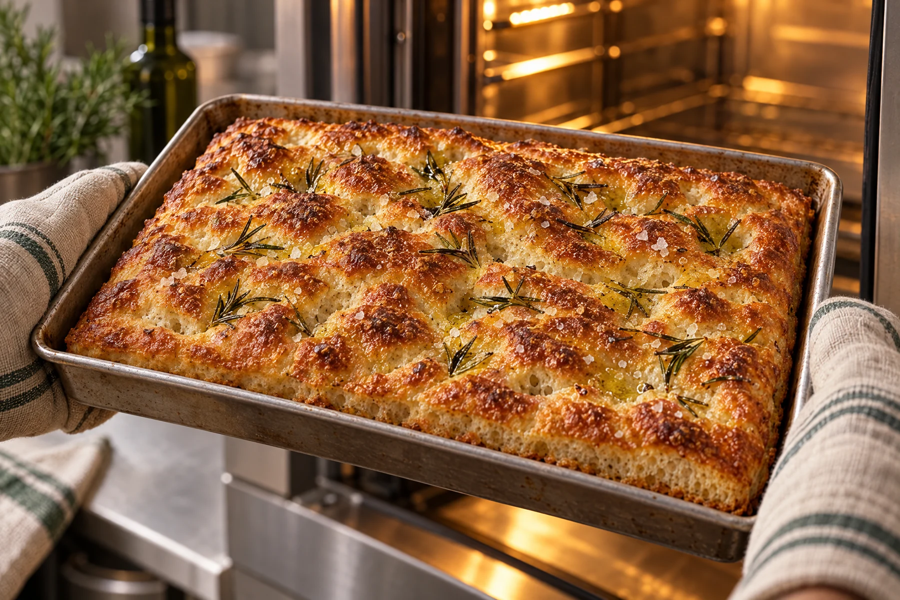 Baking concept: a tray of golden focaccia coming out of the oven