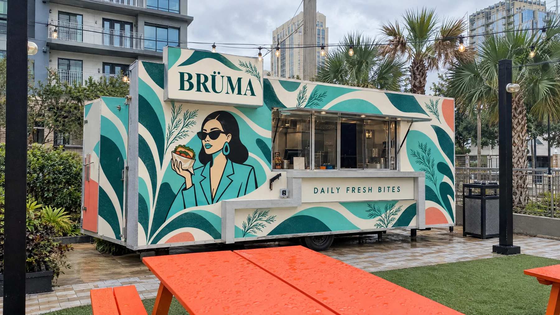 Approved BRÜMA truck wrap with the woman illustration and raised front sign